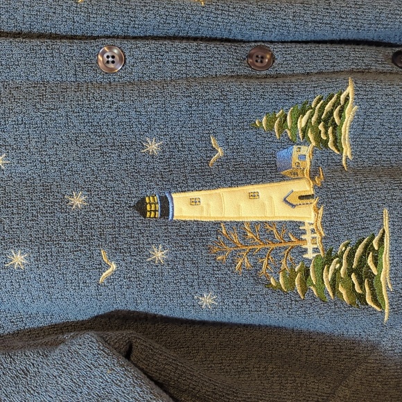 Bon Worth Sweater Lighthouses Women Medium Blue Button Winter Scene - Picture 2 of 11